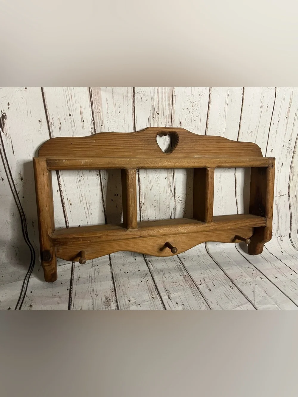 Vintage Wooden Wall Shelf Peg Rack Cottagecore Heart Cutout Rustic Country Shelf